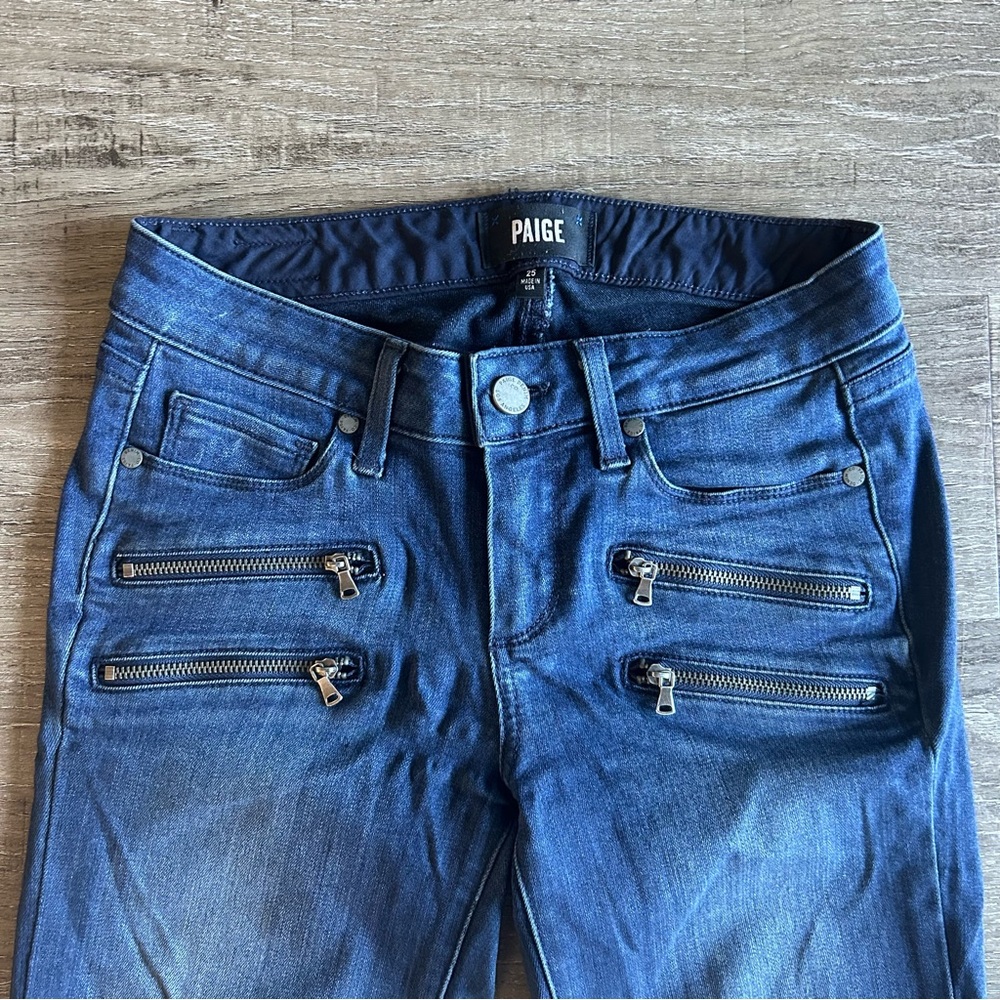 PAIGE Dark Blue Jeans with Zipper Pocket Design, Moto Jeans